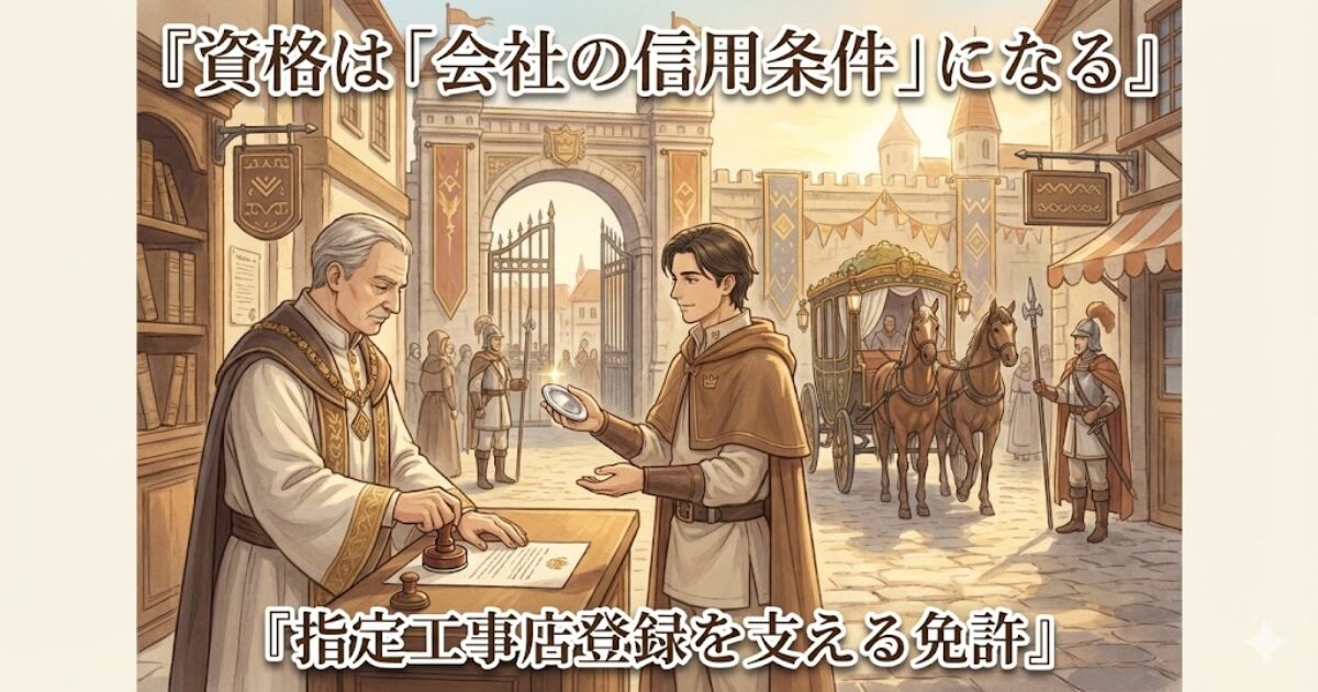 免許が会社の信用条件になり指定工事店登録を支えることを表す挿入画像（法人・登録・信頼）