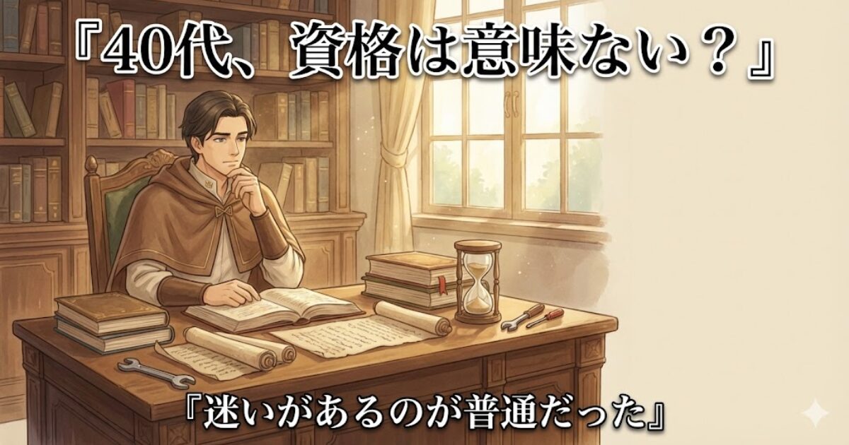 40代で資格を取る意味に迷うリクルド（不安と決意を描いた挿入画像）
