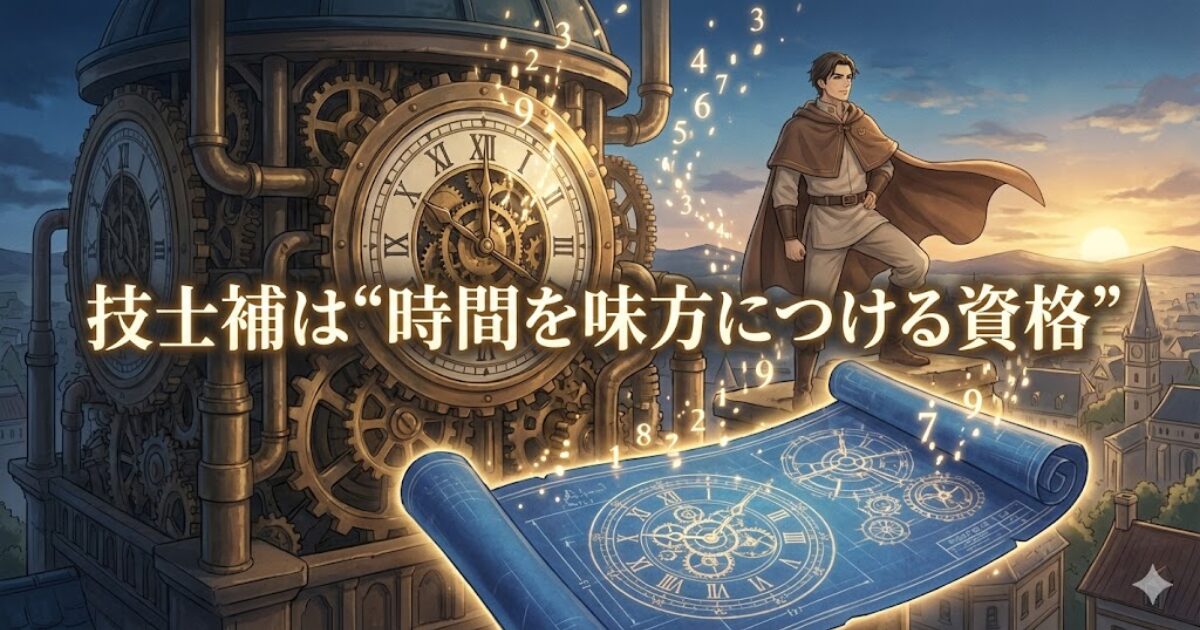 1級管工事施工管理技士補を時間戦略として表現した挿入画像（早めの1次合格）
