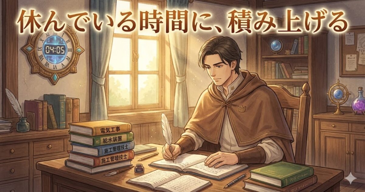 朝4時に机で資格勉強を続ける40代のリクルド（朝活の積み上げ）