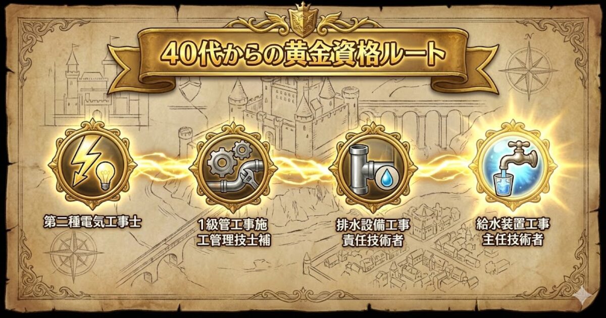 第二種電気工事士から技士補、排水・給水へ続く40代向け資格ルート図