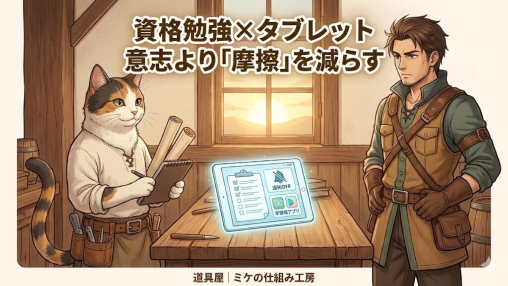 資格勉強をタブレットで効率化するために、意志ではなく摩擦を減らす仕組みを作るイメージ（道具屋のミケとリクルド）