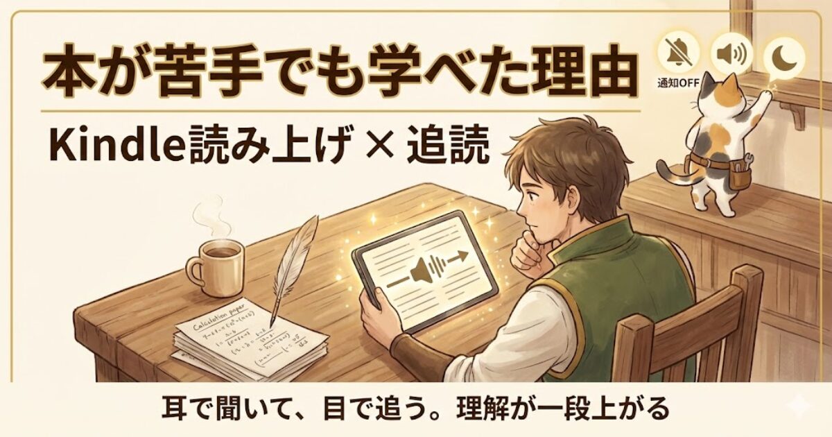 タブレットで読み上げを聞きながら目で文字を追う朝の読書シーン（ミケが仕組みを整える）