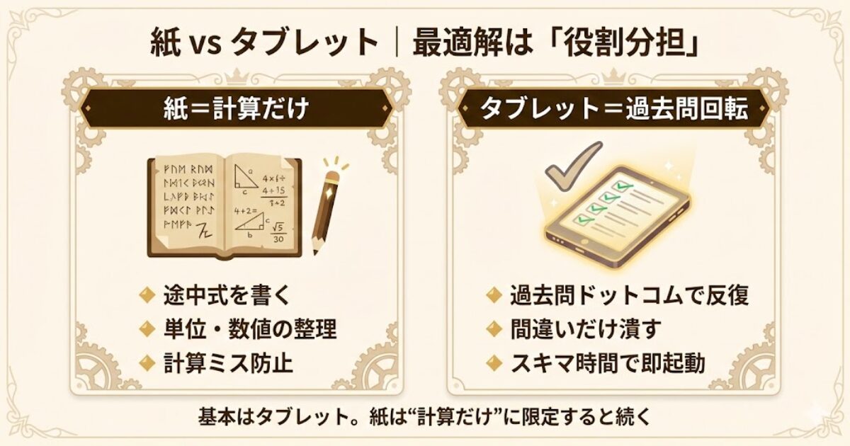 タブレットと紙の役割分担を示す図（過去問はタブレット、計算は紙で進める）