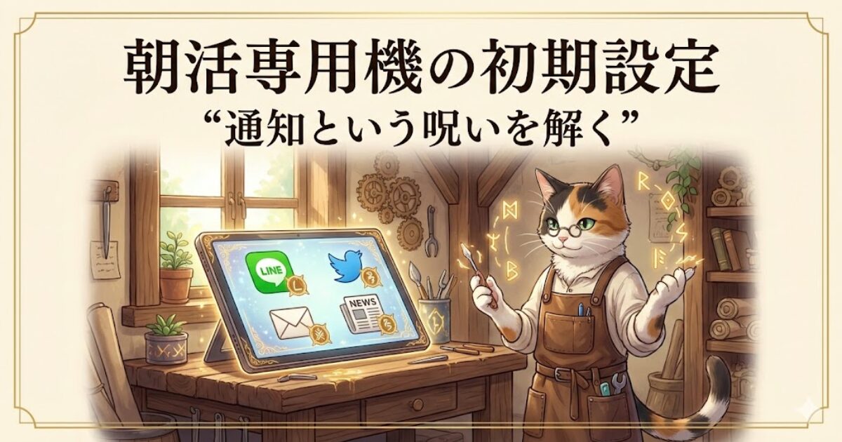 朝活用タブレットの初期設定をするイメージ（通知をオフにして勉強専用機にする）