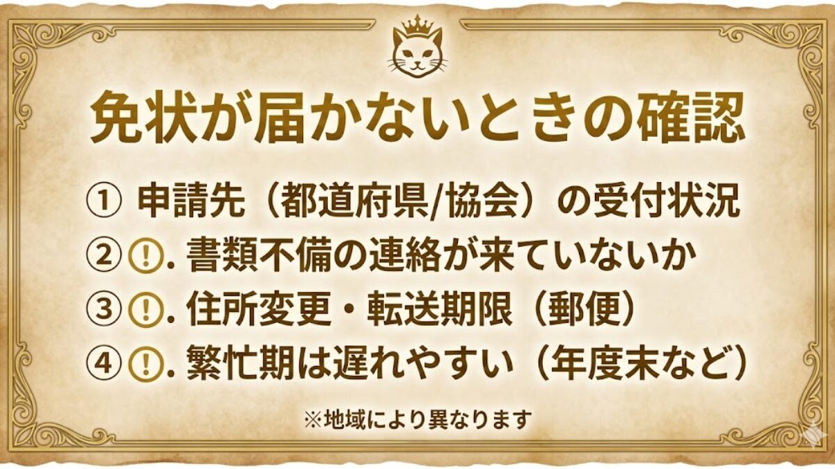 免状が届かないときの確認ポイント（受付状況・不備連絡・住所変更・繁忙期）