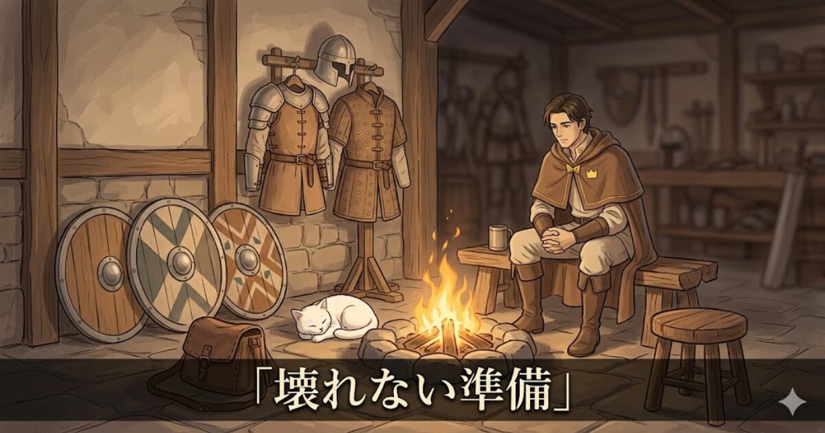 焚き火のそばで休むリクルドと白猫ミーナ、防具屋の回復拠点を象徴する場面