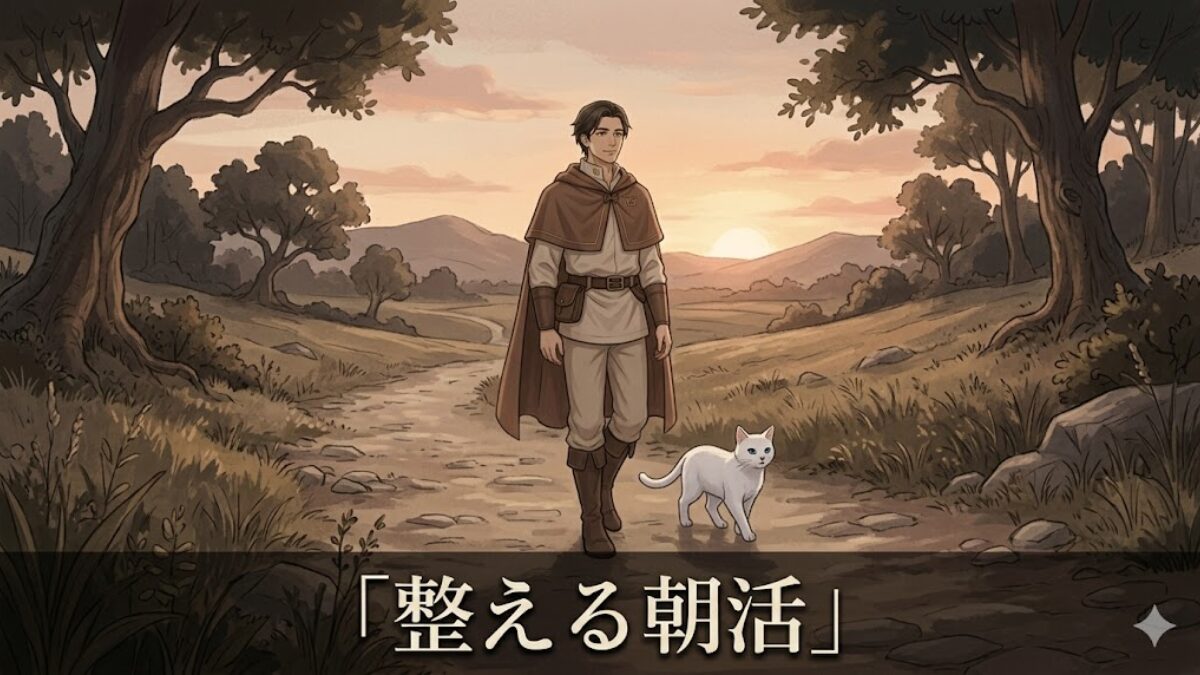 朝活の回復行動として、夜明けの道を静かに歩くリクルドと白猫ミーナ