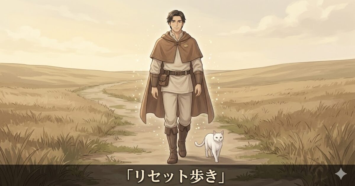 リクルドと白猫ミーナが、回復のためにゆっくり歩くリセット歩きのイメージ
