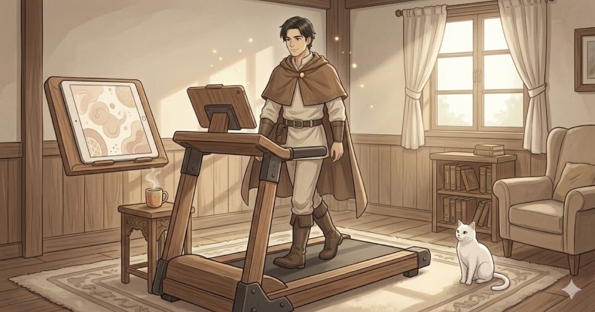 トレッドミルで歩きながらタブレットでインプットを楽しむリクルドと白猫ミーナ