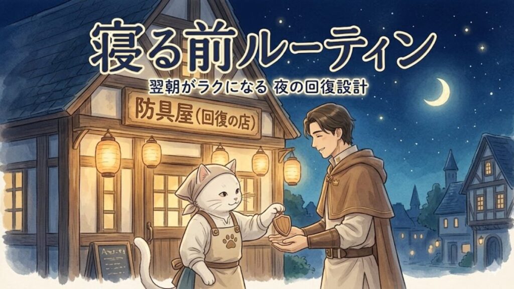 防具屋でミーナがリクルドに回復の装備を渡す「寝る前ルーティン」のアイキャッチ