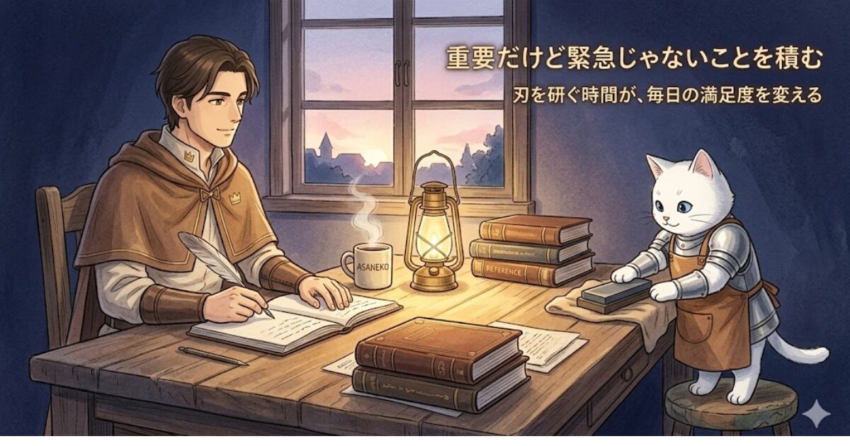 夜明け前の机で学ぶリクルドと、砥石を置くミーナのイラスト