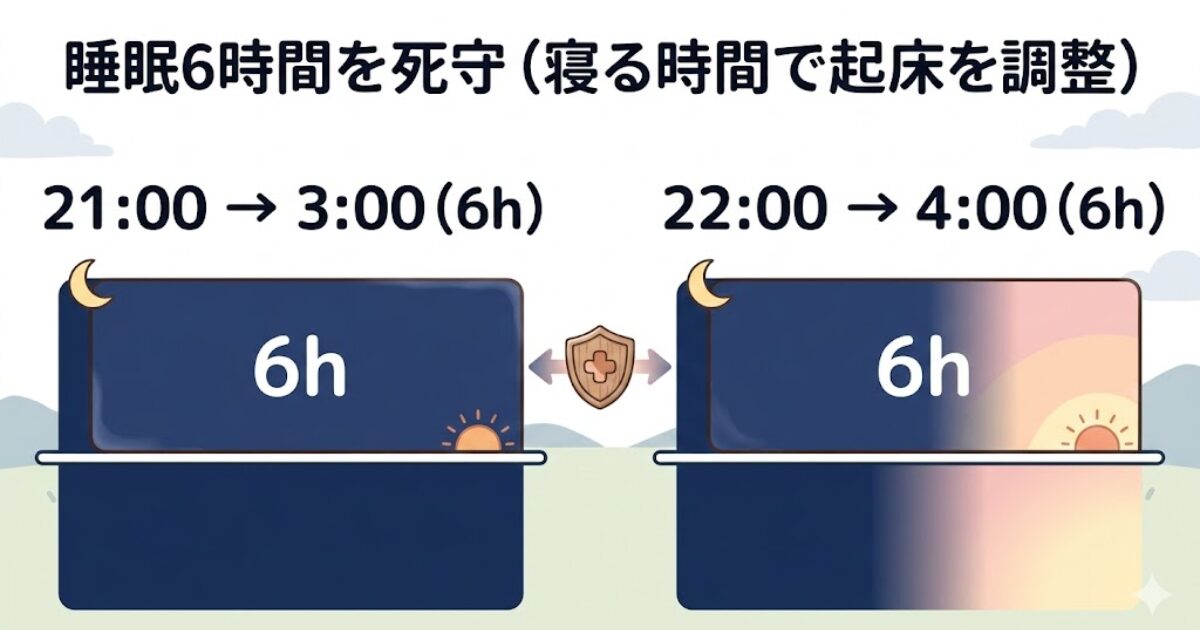 21時就寝は3時起床、22時就寝は4時起床で睡眠6時間を確保する図