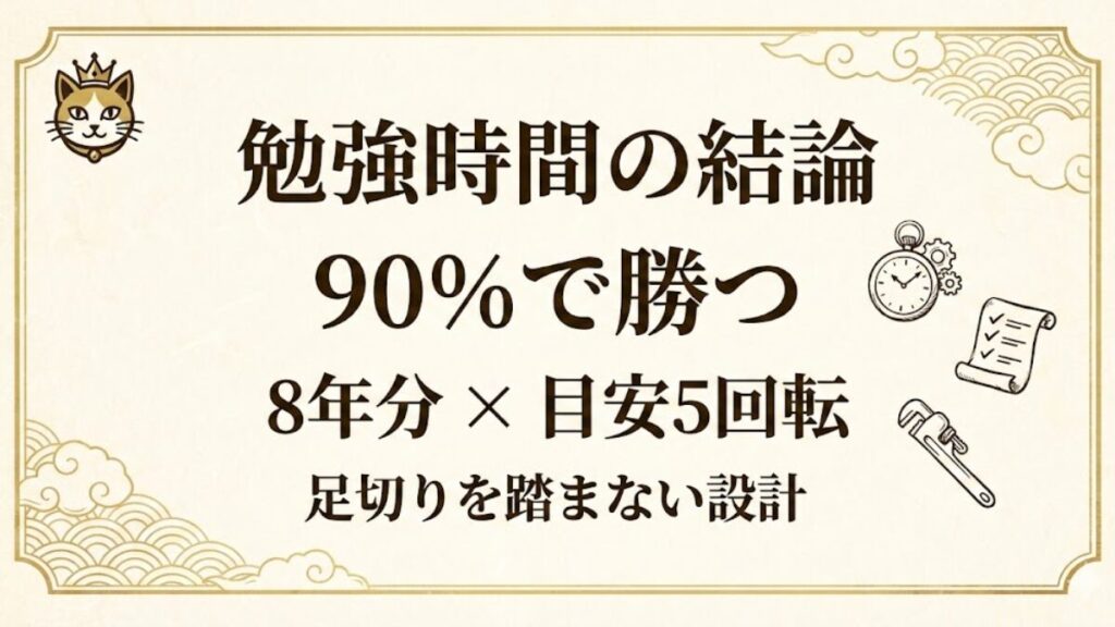 給水装置工事主任技術者の勉強時間の結論「90%で勝つ」「8年分×目安5回転」を示すアイキャッチ画像