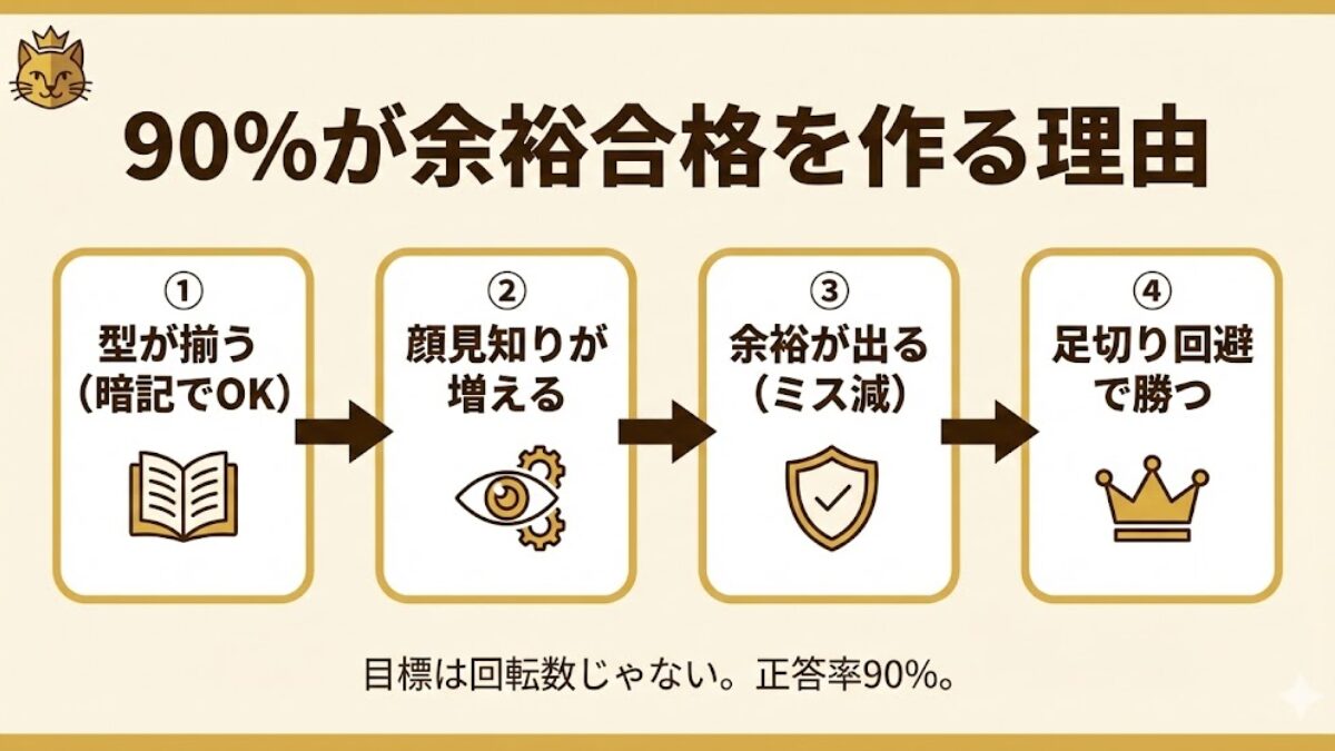 正答率90%が「顔見知り増→余裕→ミス減→足切り回避」につながる理由を示す図解