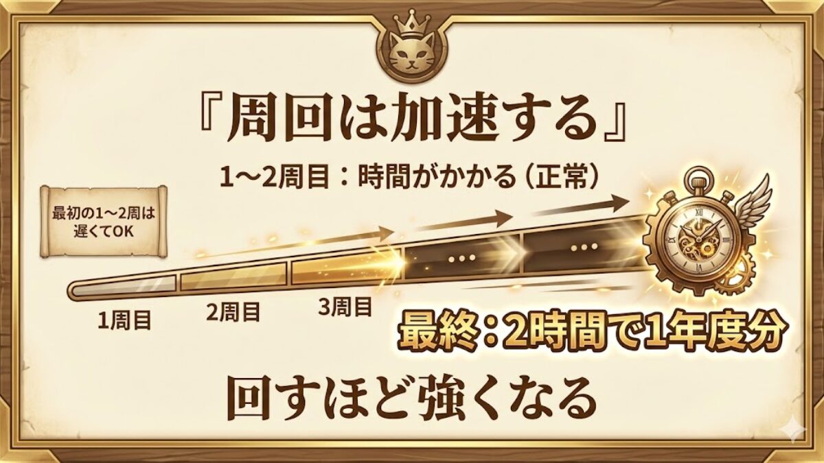 周回を重ねるほど学習が加速し、最終的に2時間程度で1年度分を振り返れるようになるイメージ