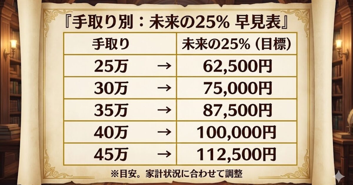 手取り別：QGS4分割（固定費・変動費・自己投資・貯蓄投資）早見表