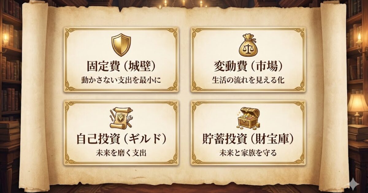 固定費（城壁）・変動費（市場）・自己投資（ギルド）・貯蓄投資（財宝庫）の4エリア解説カード