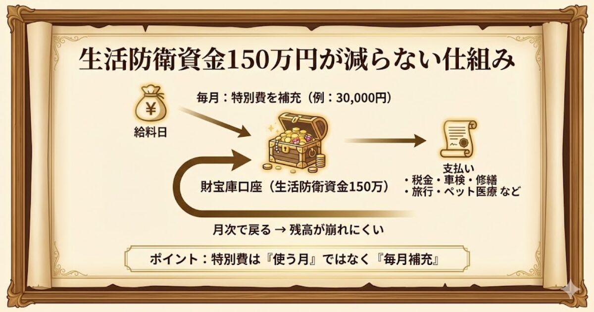 生活防衛資金150万円の口座に特別費を毎月補充し、税金や車検などの支払いがあっても残高が崩れにくい仕組みを示す図