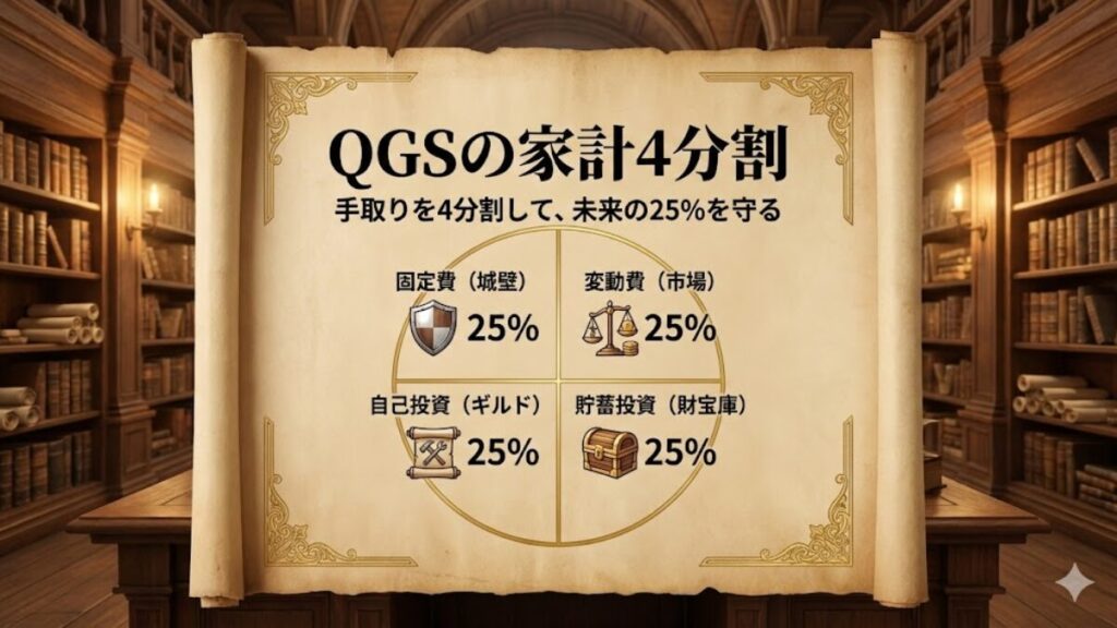QGSの家計4分割（固定費・変動費・自己投資・貯蓄投資）を巻物風に示した図