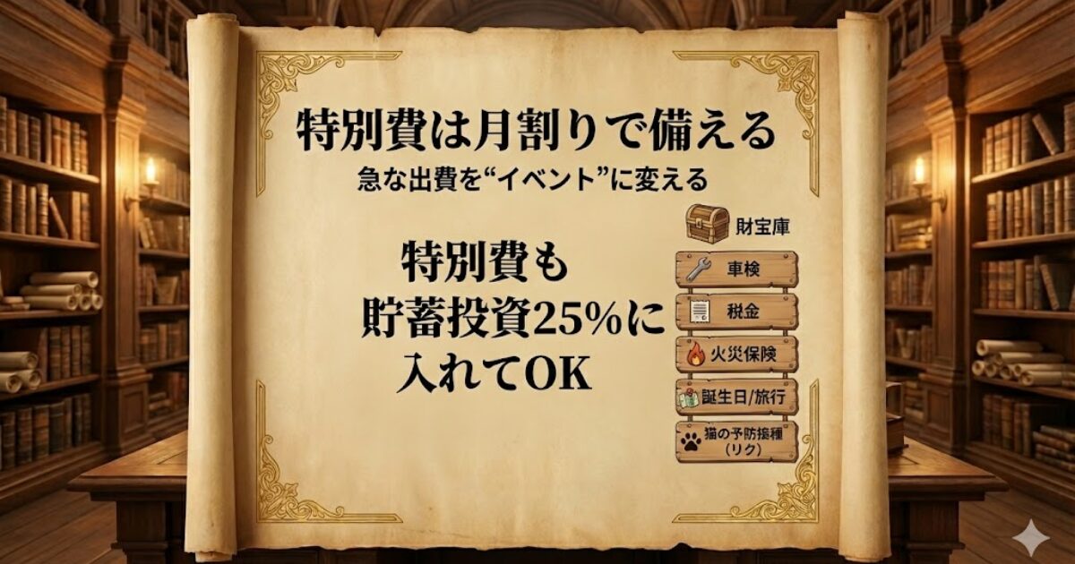 特別費（税金・車検・イベント費など）を月割りで積み立てる考え方を示した図