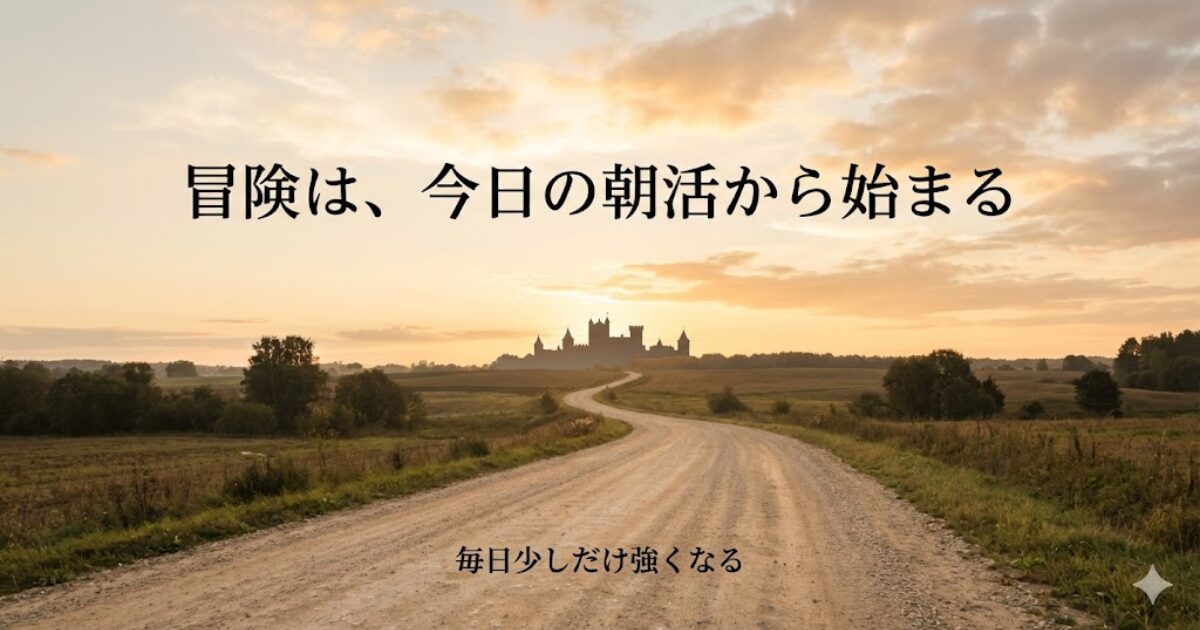 冒険の始まりを表す朝焼けの一本道と王国の遠景