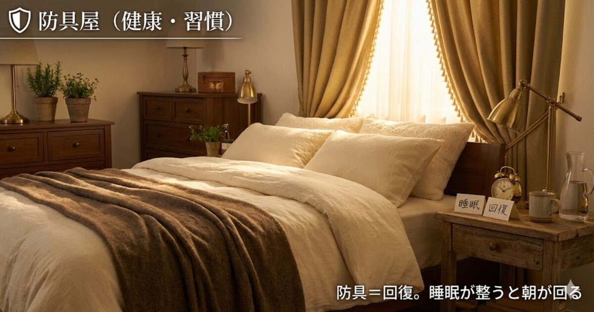 防具屋（健康・習慣）を表す回復の寝室イメージ