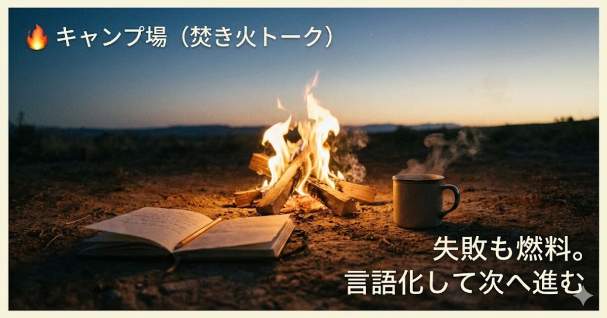 キャンプ場（焚き火トーク）を表す焚き火とノート