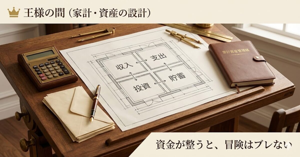 王様の間（家計・資産の設計）を表す計画机と設計図