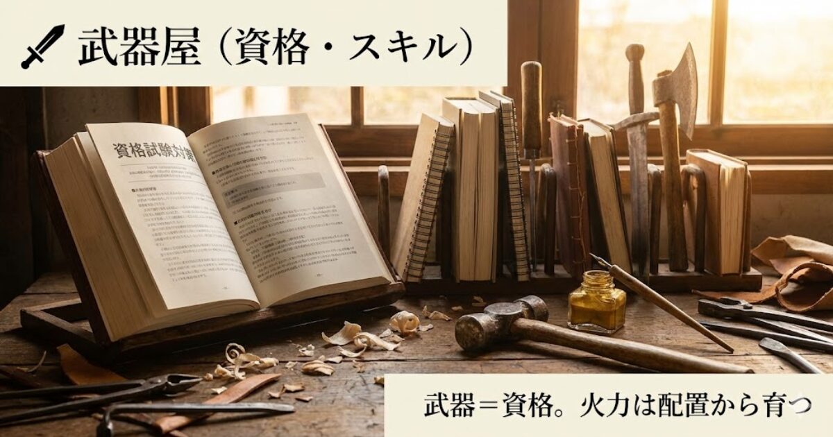 武器屋（資格・スキル）を表す朝の鍛冶屋の作業台