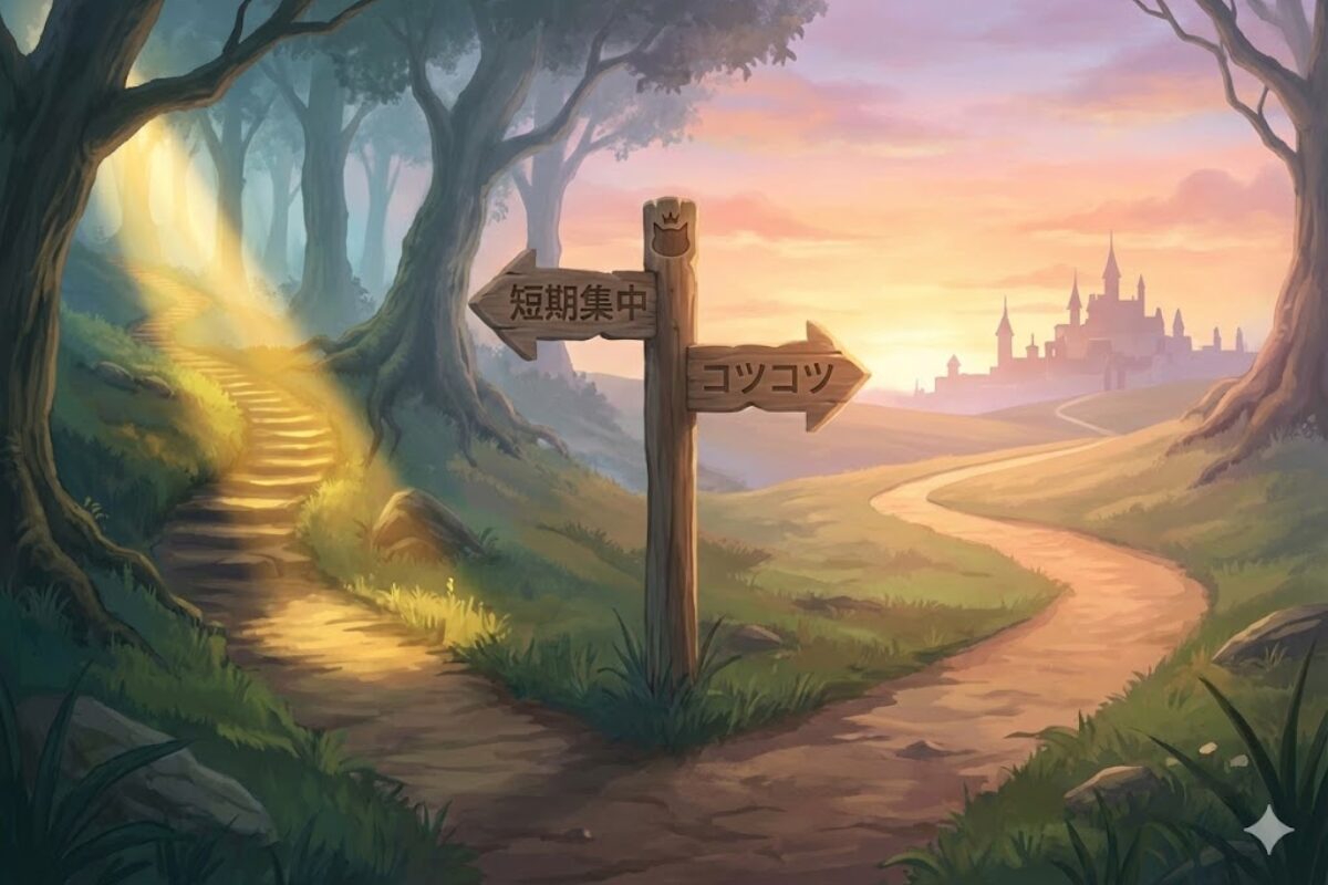 短期集中型とコツコツ型、それぞれの道を選び直せる分岐路のイメージ（40代・営業が向いていない人の生き残り戦略）