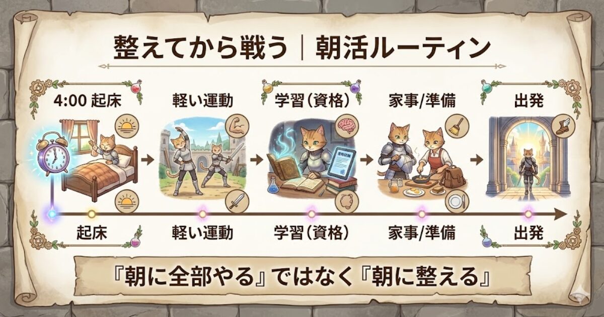 朝4時起きで整えてから戦うための朝活ルーティンを、40代の働く人向けに分かりやすく整理した図解