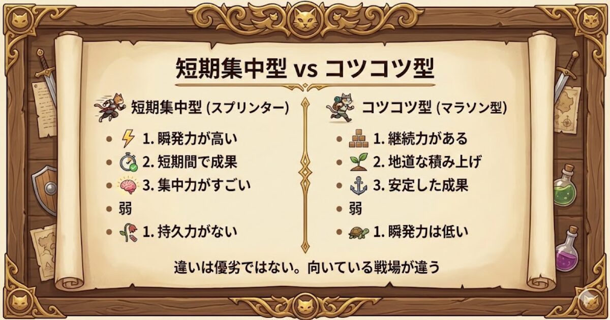 40代で営業が向いていないと悩む人向けに、短期集中型とコツコツ型の戦い方の違いを整理した図解