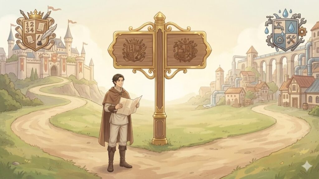 営業が向いていないと悩み、転職の分岐点で水道の仕事を選ぶ決意を表した王国風イラスト