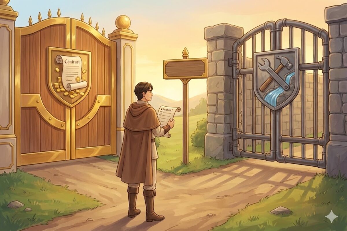 営業の沼に戻らないために、会社選びの視点で土俵を選び直す分岐路を表す王国風イラスト