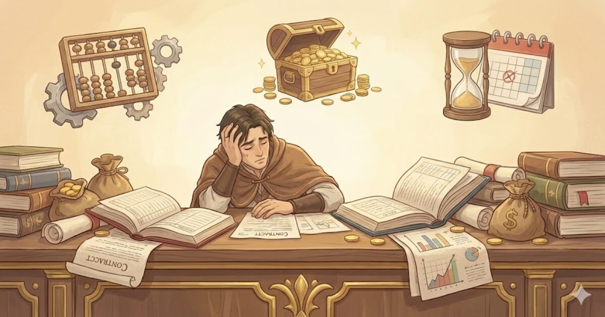 営業の数字と責任に追われて消耗し、向いていないと気づき始めた場面を表す王国風イラスト