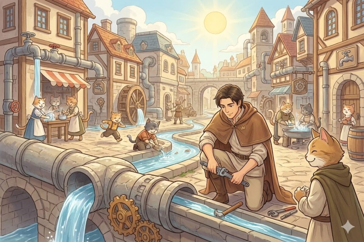 生活インフラを支える水道の仕事で、技術を積み上げて生き残るイメージを描いた王国風イラスト