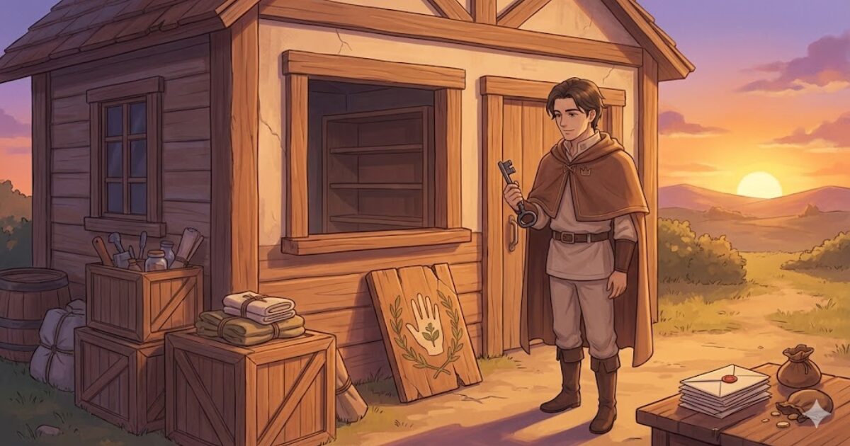 倒産と借金で生活を立て直す必要が生まれ、安定した拠点を求める転機を表す王国風イラスト