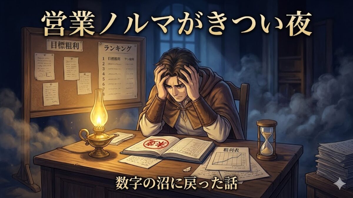 営業ノルマの重さに押され、夜のギルドで帳簿と未達の数字を見つめる職人のイラスト