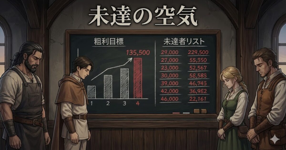 朝礼で未達の数字が共有され、責められなくても空気が重くなる営業ノルマの場面イラスト
