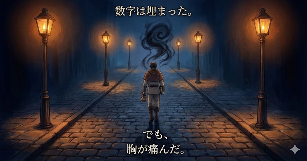 強引な提案で数字は達成したが罪悪感が残り、夜道を静かに歩く職人のイラスト