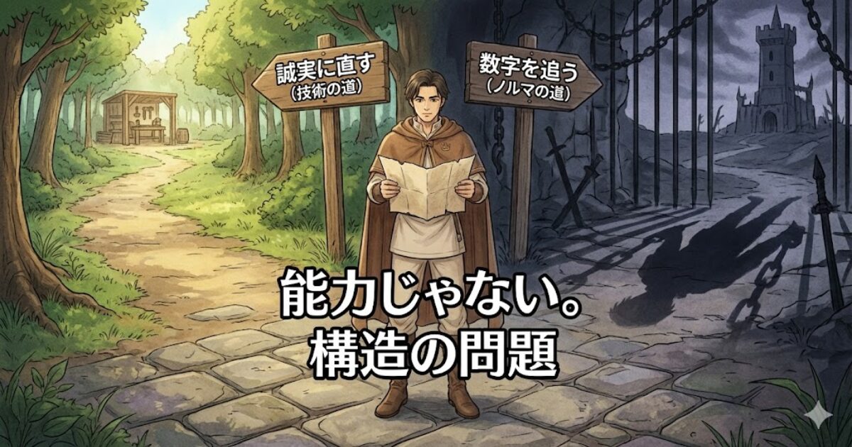 誠実に直したい自分と数字を追う会社の板挟みを、分かれ道の看板で表した構造の限界イラスト