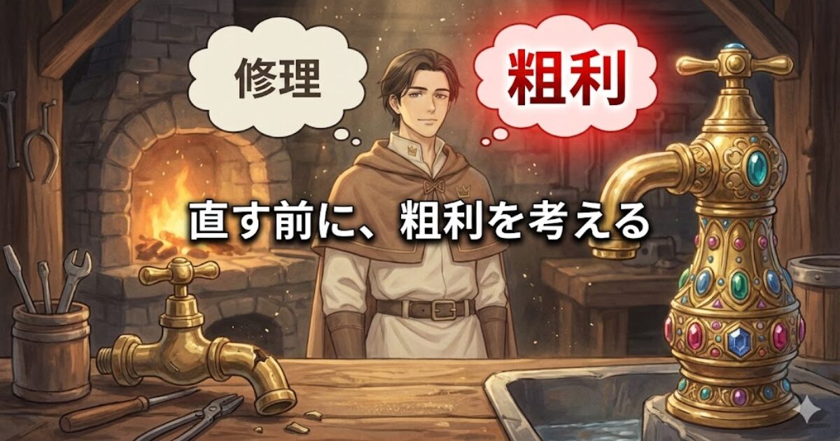 修理より利益を先に考えてしまう思考のズレを、蛇口修理と高額交換の対比で描いたイラスト