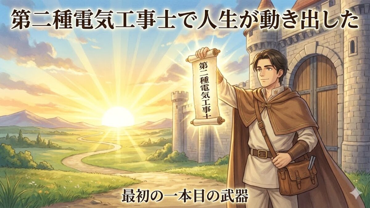 第二種電気工事士の免状を手にし、夜明けの王国で新しい道へ踏み出す職人のイラスト