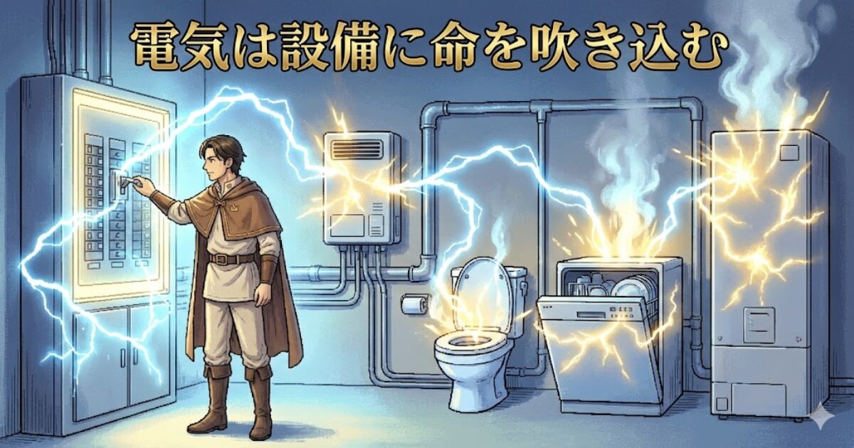 電気が通ってトイレや食洗機などの設備が動き出す様子をRPG風に表現したイラスト