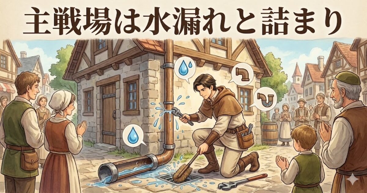 水道会社で水漏れ修理と排水詰まり対応をしていた頃の仕事風景をRPG風に描いたイラスト