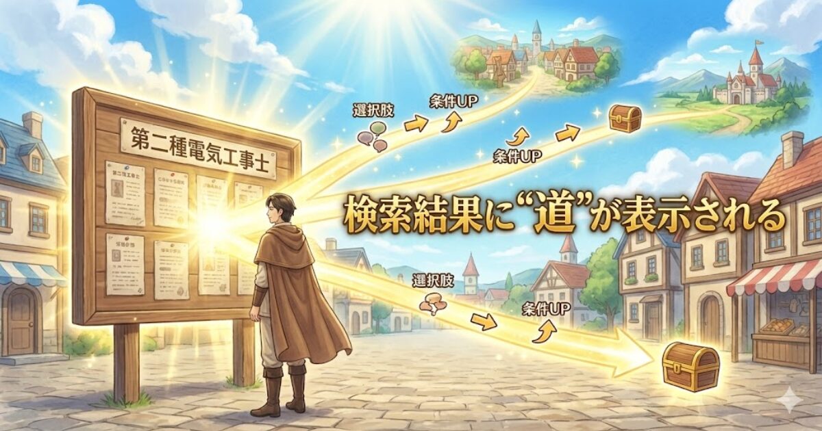 第二種電気工事士で求人検索すると選択肢が増え、道が開ける感覚を掲示板と分岐路で表したイラスト