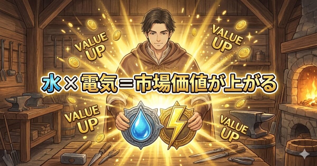 水道と電気のスキルを掛け算すると市場価値が上がることを紋章とオーラで表現した図解イラスト