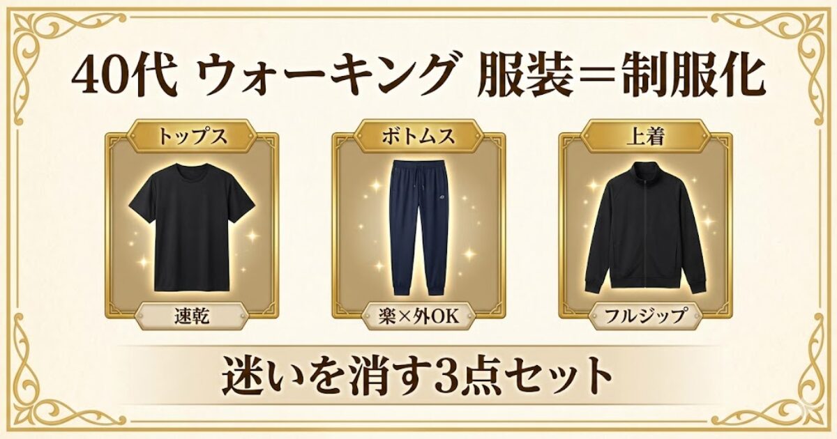 40代のウォーキング服装を制服化する3点セット（トップス・ボトムス・上着）のイメージ