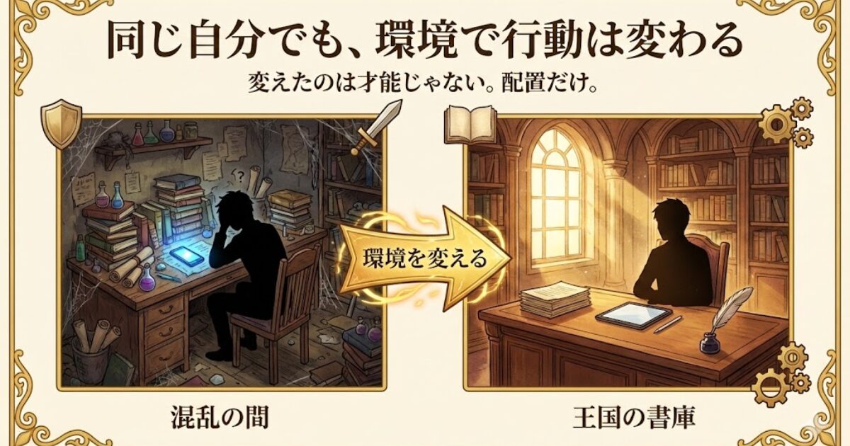 散らかった机（混乱の間）と整った机（王国の書庫）のBefore/After比較図